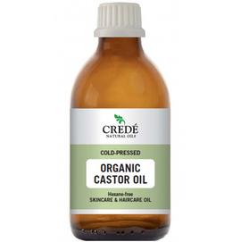 Bottle of Credé Organic Castor Oil on a white background