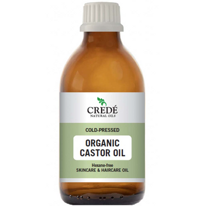 Bottle of Credé Organic Castor Oil on a white background